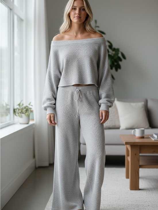 aerie Pants - Aerie Cozy Up Waffle Knit Skater Pants Oversized Loungewear Heather Gray Large